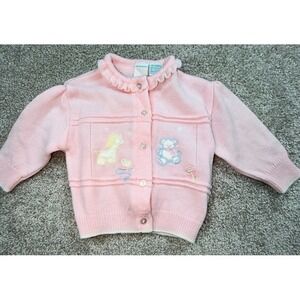 Bright Future Vintage Pink Knit Baby Cardigan Embroidered Animals 6-9 Months